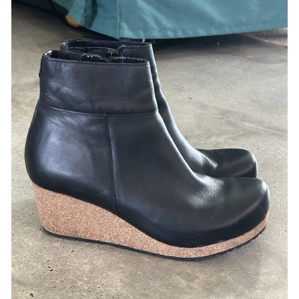 Papillio Black Leather "Ebba" Wedge Ankle Booties with Cork Platform, Size 38.